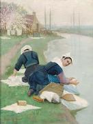 Women Washing Laundry on a River Bank, oil painting by Lionel Walden
